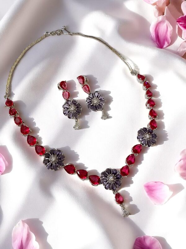 Floral Red & Purple AD Stone Necklace Set with Earrings - Image 2
