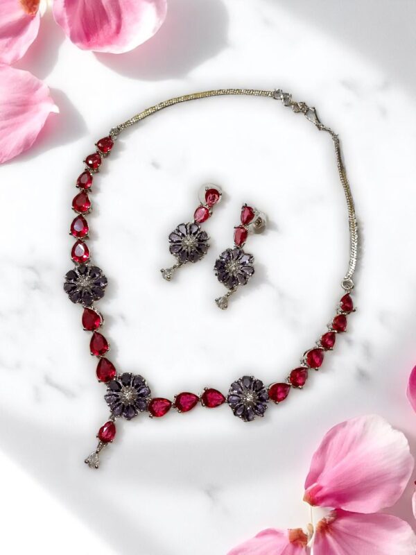 Floral Red & Purple AD Stone Necklace Set with Earrings - Image 3