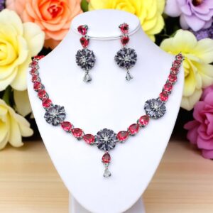 Floral Red & Purple AD Stone Necklace Set with Earrings