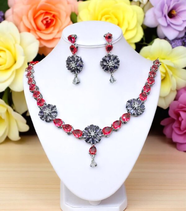 Floral Red & Purple AD Stone Necklace Set with Earrings