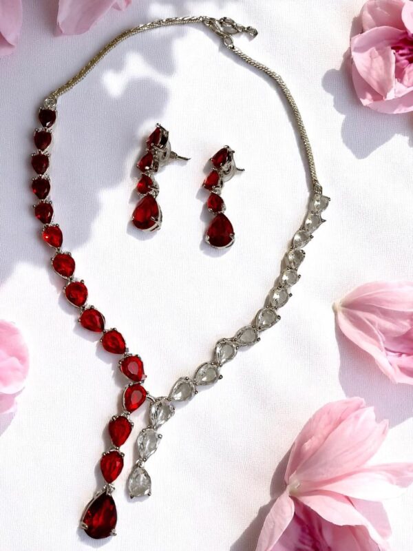 Striking Red & White AD Stone Necklace Set with Earrings - Image 3