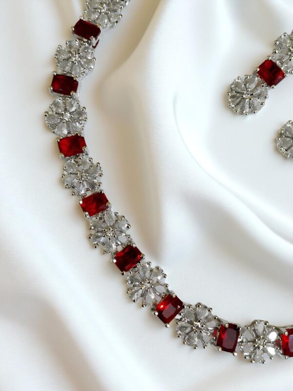 Red & White Ad Stone Necklace with Earring Set - Image 2