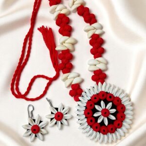 Red & White Handmade Kori Necklace With Earring