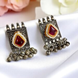 Red Stone Oxidised Earrings with Ghungroo