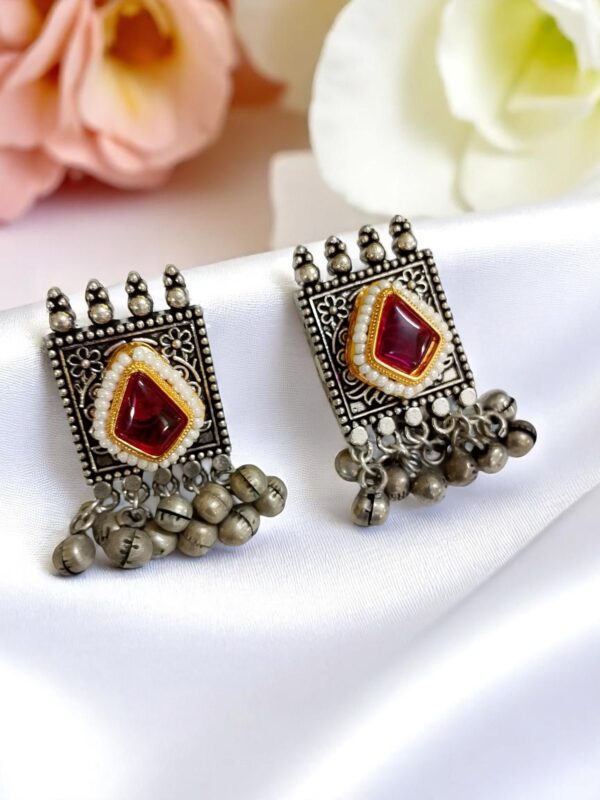 Red Stone Oxidised Earrings with Ghungroo