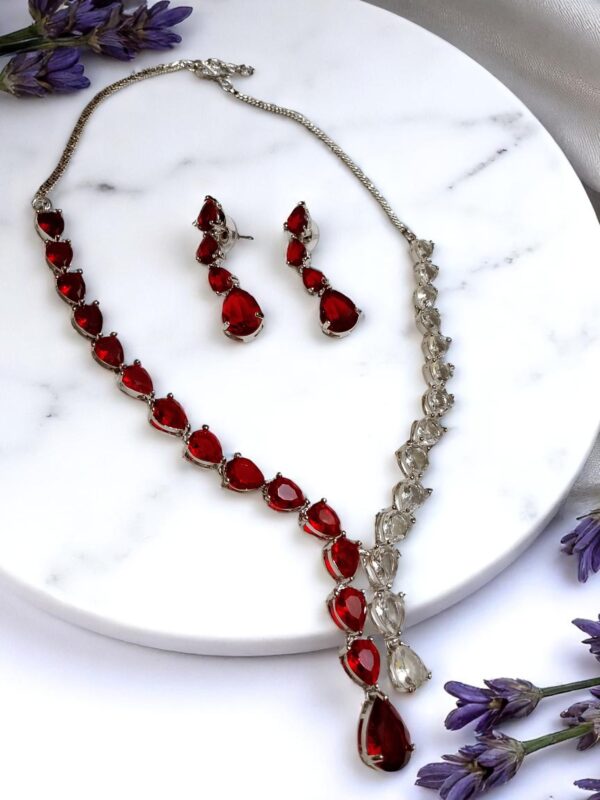 Striking Red & White AD Stone Necklace Set with Earrings - Image 2