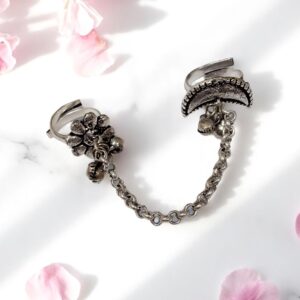 Oxidised Dual Finger Chain Ring with Ghungroo Charms