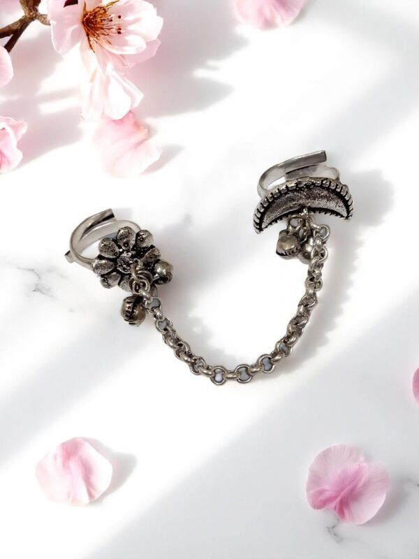 Oxidised Dual Finger Chain Ring with Ghungroo Charms