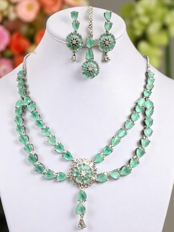 Sky American Diamond Jewelry Set – Necklace, Earrings, Finger Ring & Maang Tikka