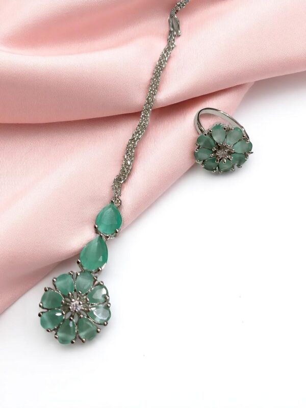 Sky American Diamond Jewelry Set – Necklace, Earrings, Finger Ring & Maang Tikka - Image 3