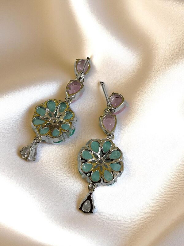 Sky & Pink Dual Color Flower Stone Earring Pair - Image 3