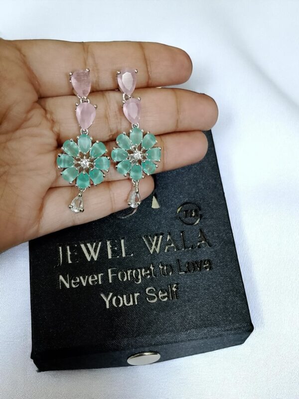 Sky & Pink Dual Color Flower Stone Earring Pair - Image 2