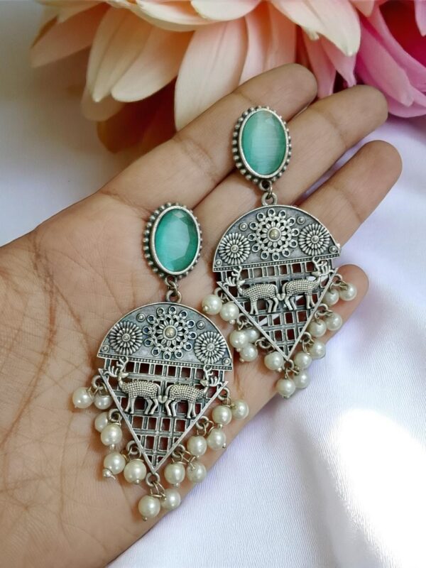Sky Blue Stone Oxidised Earrings with Pearl Drops - Image 2