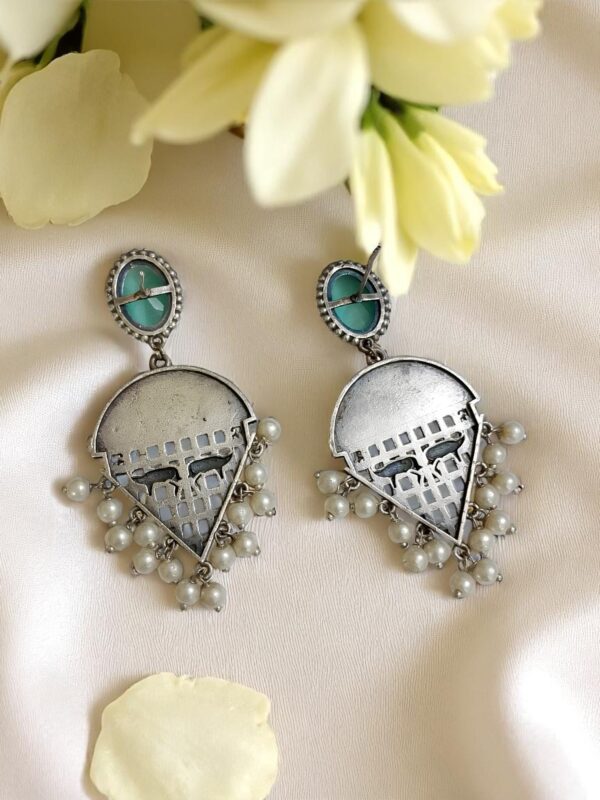 Sky Blue Stone Oxidised Earrings with Pearl Drops - Image 3