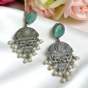 Sky Blue Stone Oxidised Earrings with Pearl Drops