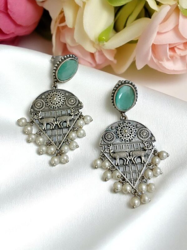 Sky Blue Stone Oxidised Earrings with Pearl Drops