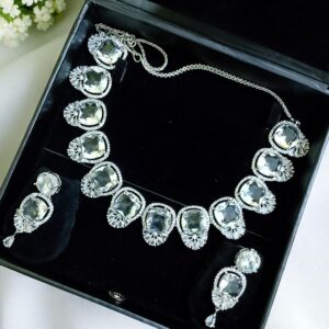 White Ad Stone Necklace With Earring Pair