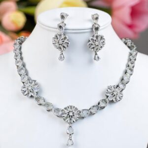 Elegant Floral American Diamond Necklace Set with Earrings