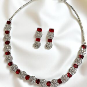 Red & White Ad Stone Necklace with Earring Set