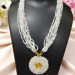 White Beads Necklace with Flower Pendent