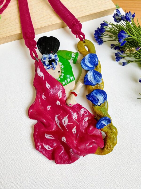 Handmade Necklace Featuring Woman in Pink Saree | Clay Art Statement Necklace | Boho Folk Jewelry Set - Image 2