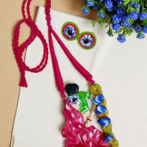 Handmade Necklace Featuring Woman in Pink Saree | Clay Art Statement Necklace | Boho Folk Jewelry Set