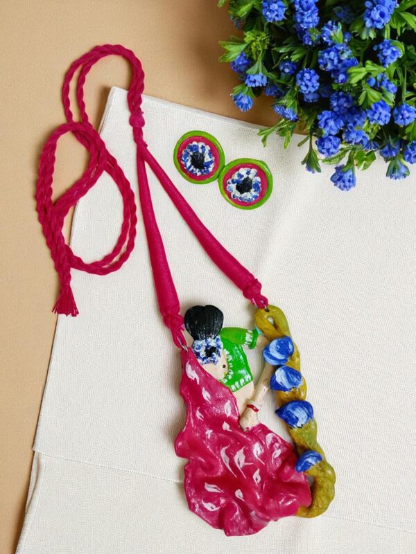 Handmade Necklace Featuring Woman in Pink Saree | Clay Art Statement Necklace | Boho Folk Jewelry Set