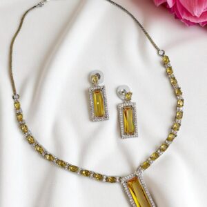 Elegant Yellow AD Necklace with Earrings | Rectangular Pendant Set | American Diamond Jewelry
