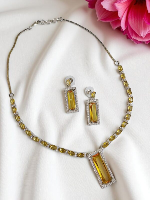 Elegant Yellow AD Necklace with Earrings | Rectangular Pendant Set | American Diamond Jewelry