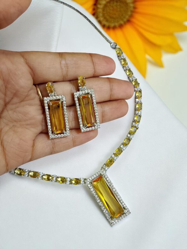 Elegant Yellow AD Necklace with Earrings | Rectangular Pendant Set | American Diamond Jewelry - Image 2
