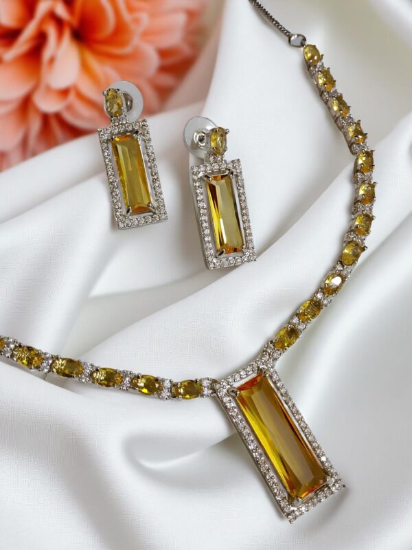 Elegant Yellow AD Necklace with Earrings | Rectangular Pendant Set | American Diamond Jewelry - Image 3