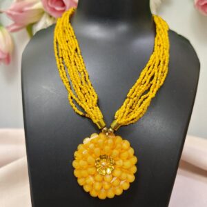 Yellow Beads Necklace with Flower Pendent