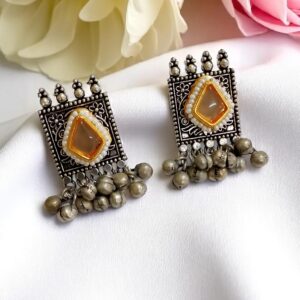White Stone Oxidised Earrings with Ghungroo
