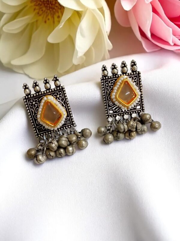 White Stone Oxidised Earrings with Ghungroo