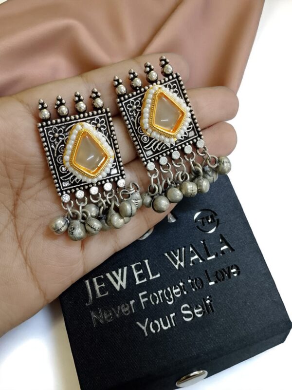 White Stone Oxidised Earrings with Ghungroo - Image 2