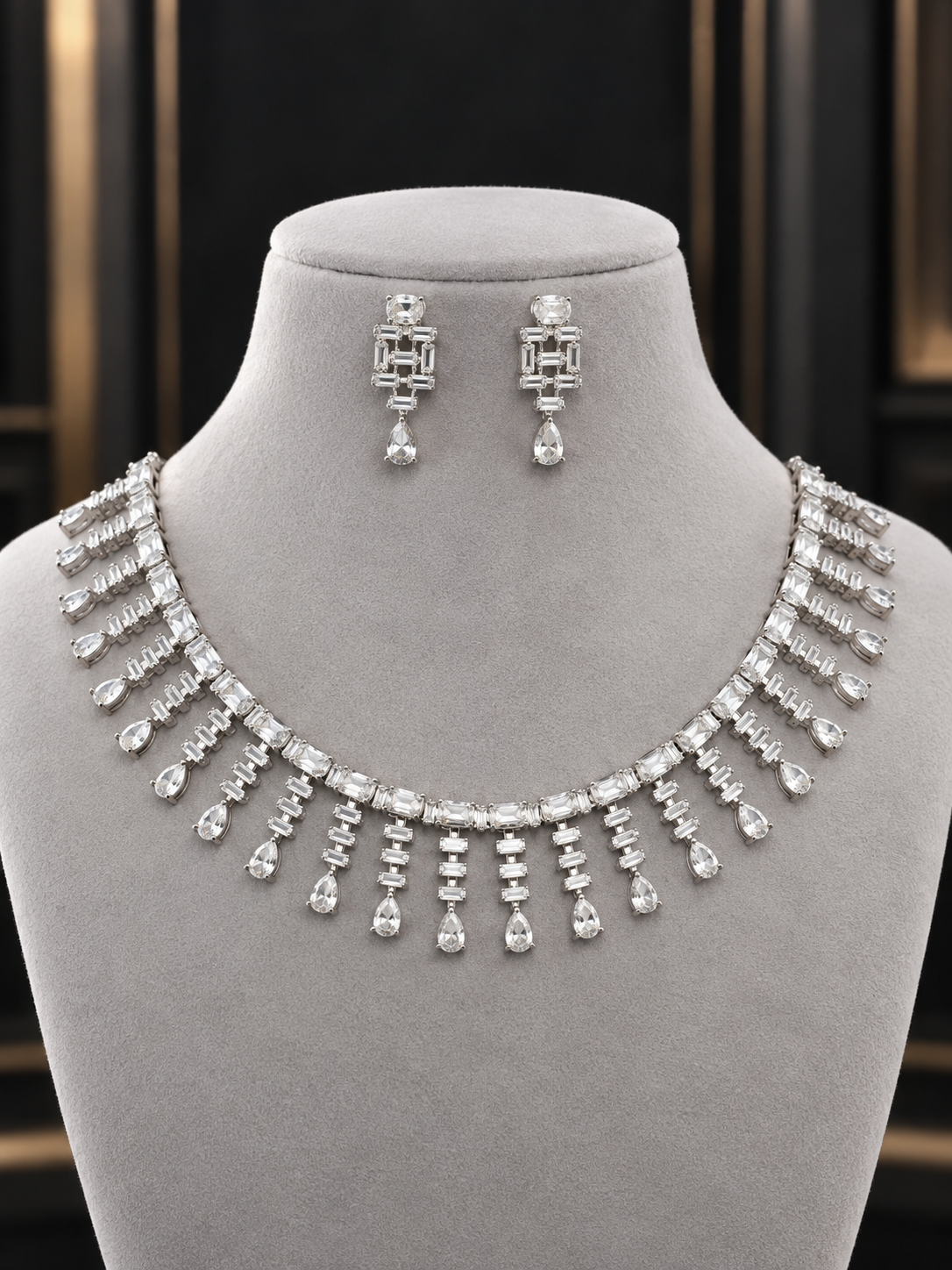 Jewel Wala American Diamond Rhodium Plated White Stone Necklace Set - Image 3