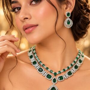 Jewel Wala Elegant American Diamond Rhodium Plated Green Stone Necklace Set