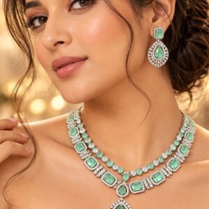 Jewel Wala American Diamond Rhodium Plated Mint Green Stone Necklace Set
