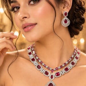 Jewel Wala American Diamond Rhodium Plated RED Stone Necklace Set