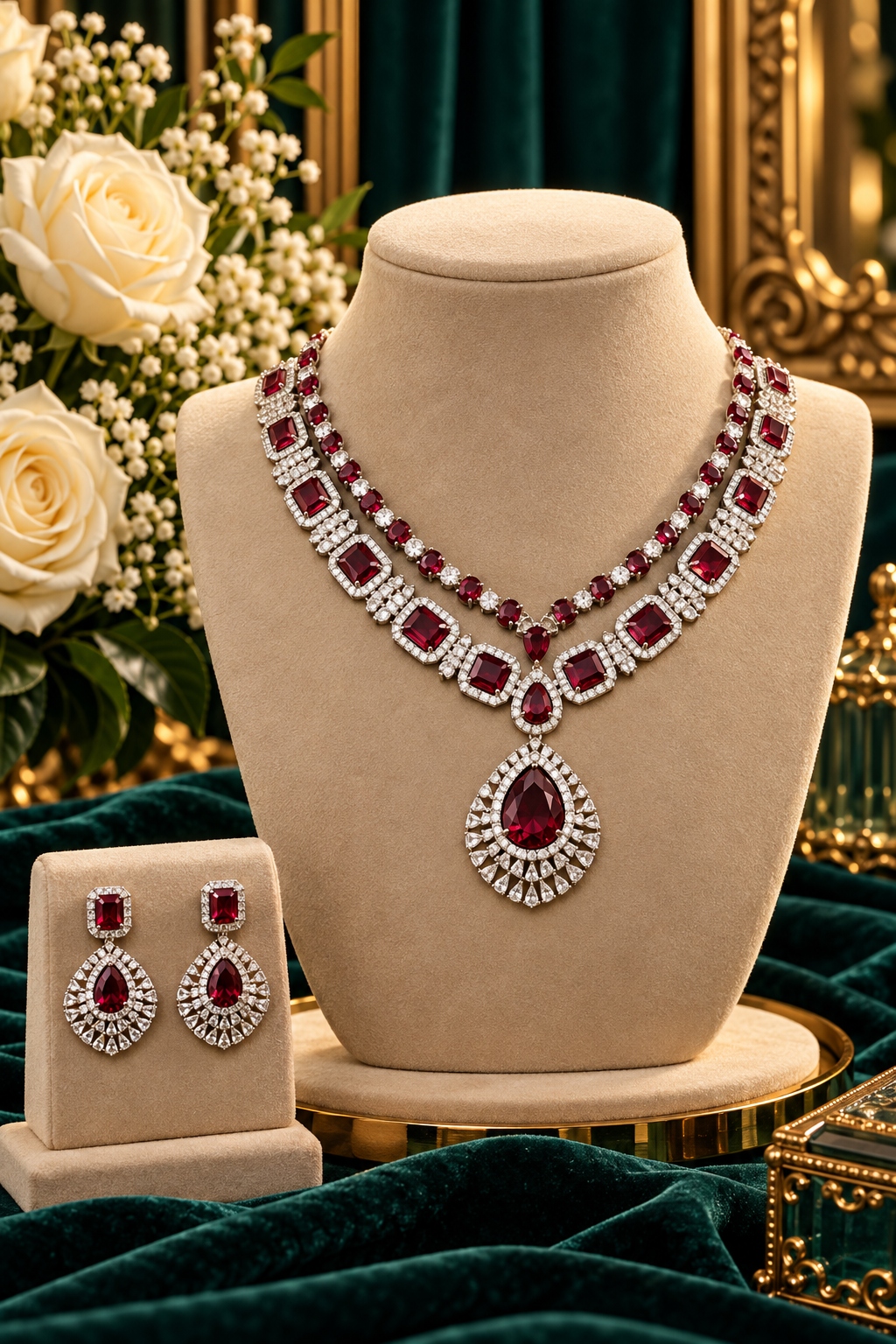 Jewel Wala American Diamond Rhodium Plated RED Stone Necklace Set - Image 3