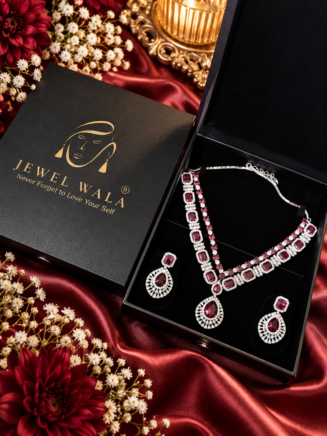 Jewel Wala American Diamond Rhodium Plated RED Stone Necklace Set - Image 2