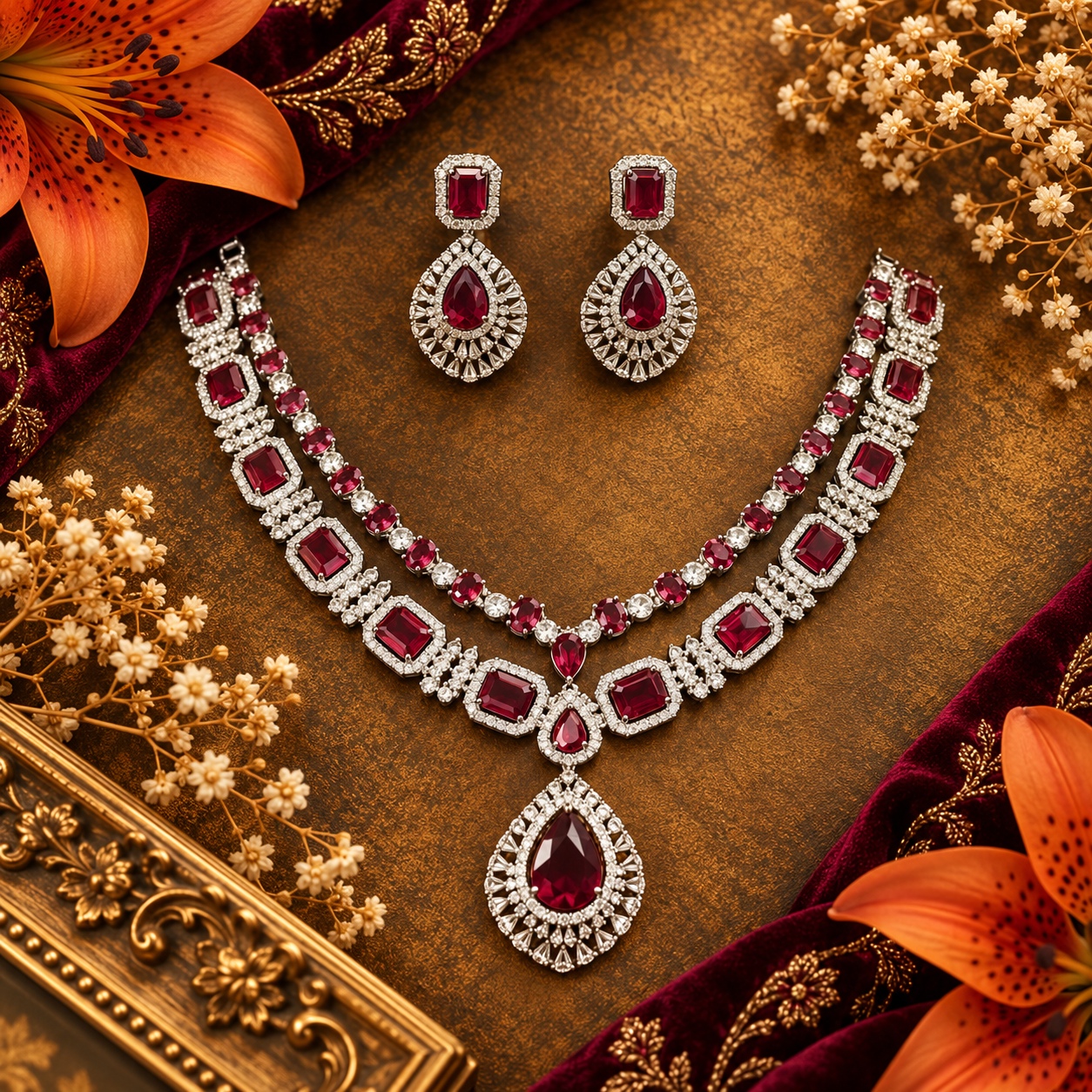 Jewel Wala American Diamond Rhodium Plated RED Stone Necklace Set - Image 4