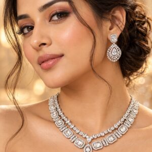 Jewel Wala American Diamond Rhodium Plated White Stone Necklace Set
