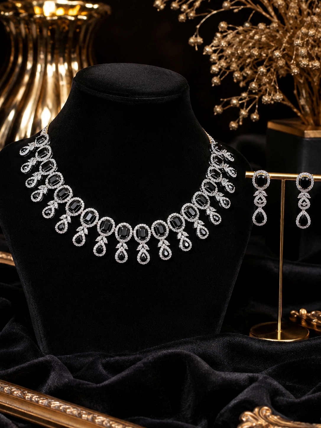 Jewel Wala American Diamond Rhodium Plated Black Stone Necklace Set - Image 3