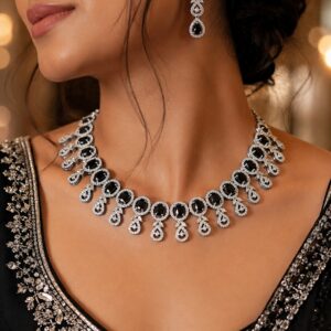 Jewel Wala American Diamond Rhodium Plated Black Stone Necklace Set