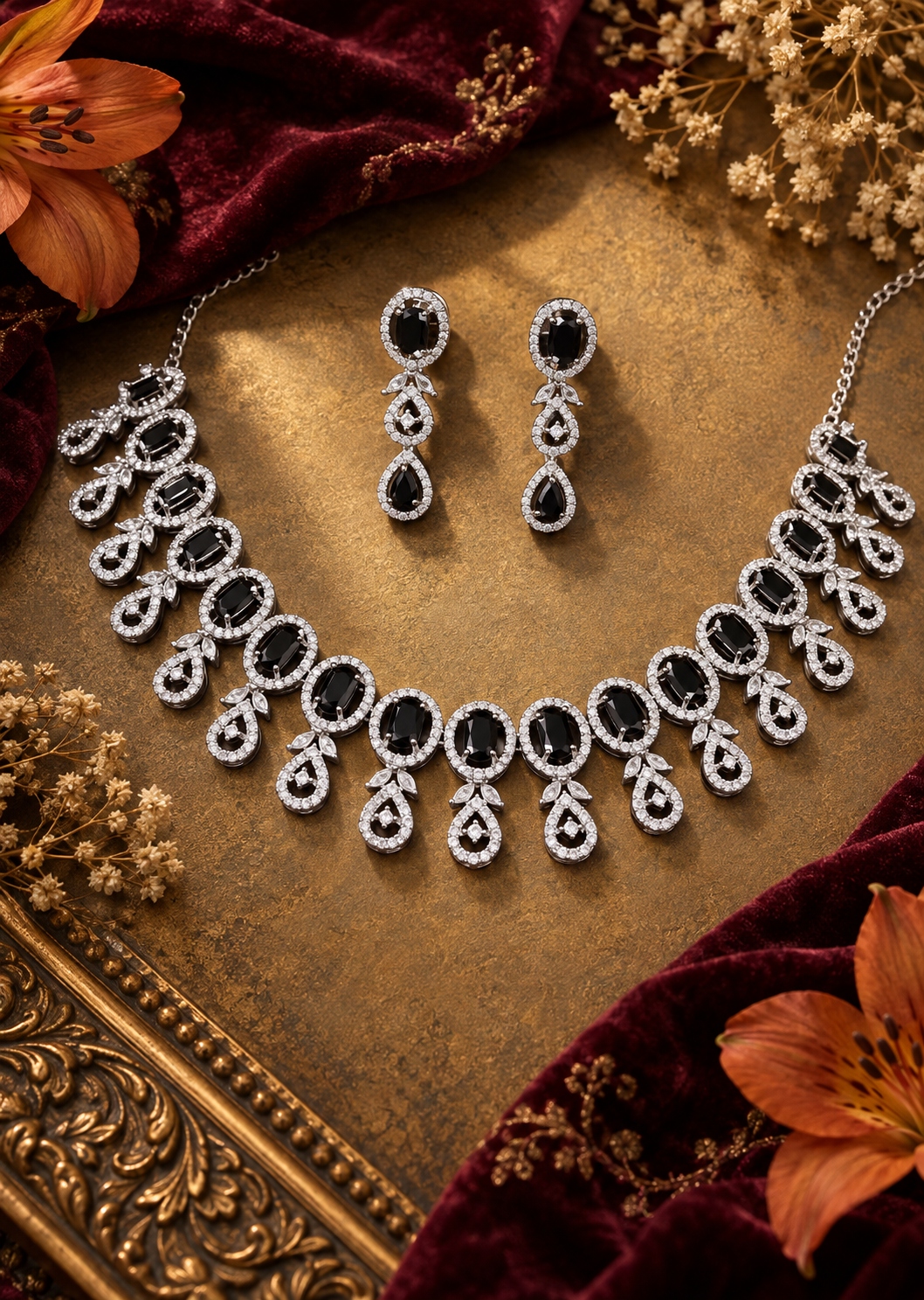 Jewel Wala American Diamond Rhodium Plated Black Stone Necklace Set - Image 2