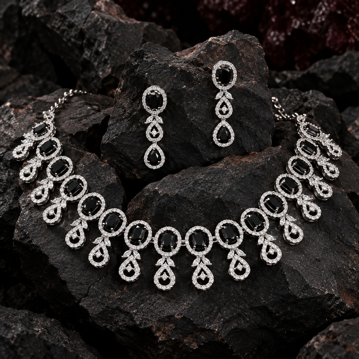Jewel Wala American Diamond Rhodium Plated Black Stone Necklace Set - Image 4