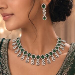 Jewel Wala American Diamond Rhodium Plated Green Stone Necklace Set