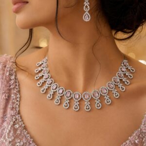 Jewel Wala American Diamond Rhodium Plated Pink Stone Necklace Set