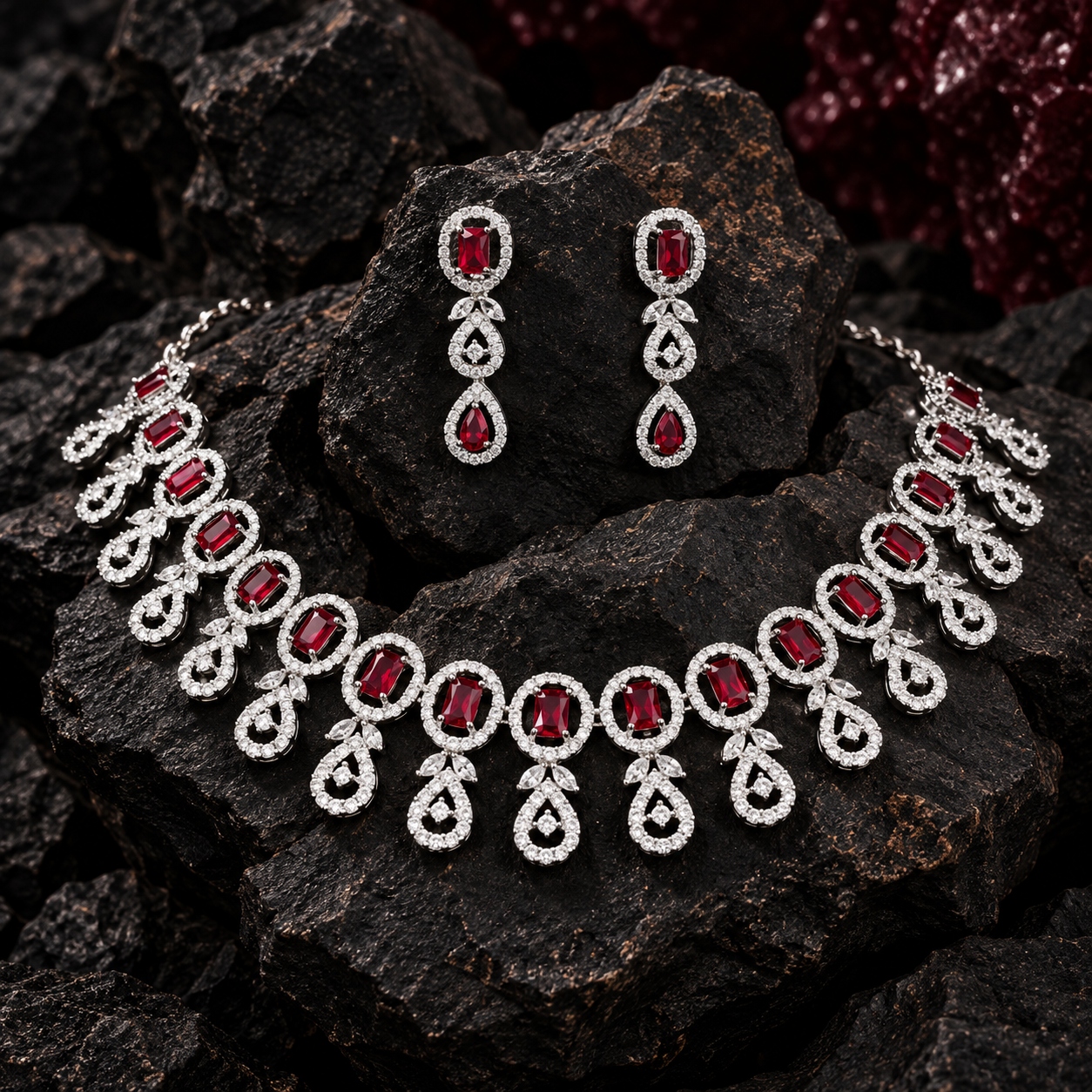 Jewel Wala American Diamond Rhodium Plated Red Stone Necklace Set - Image 4